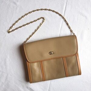 Vintage Celine Paris Triomphe Leather Chain Crossbody Tan Gold Hardware Flap